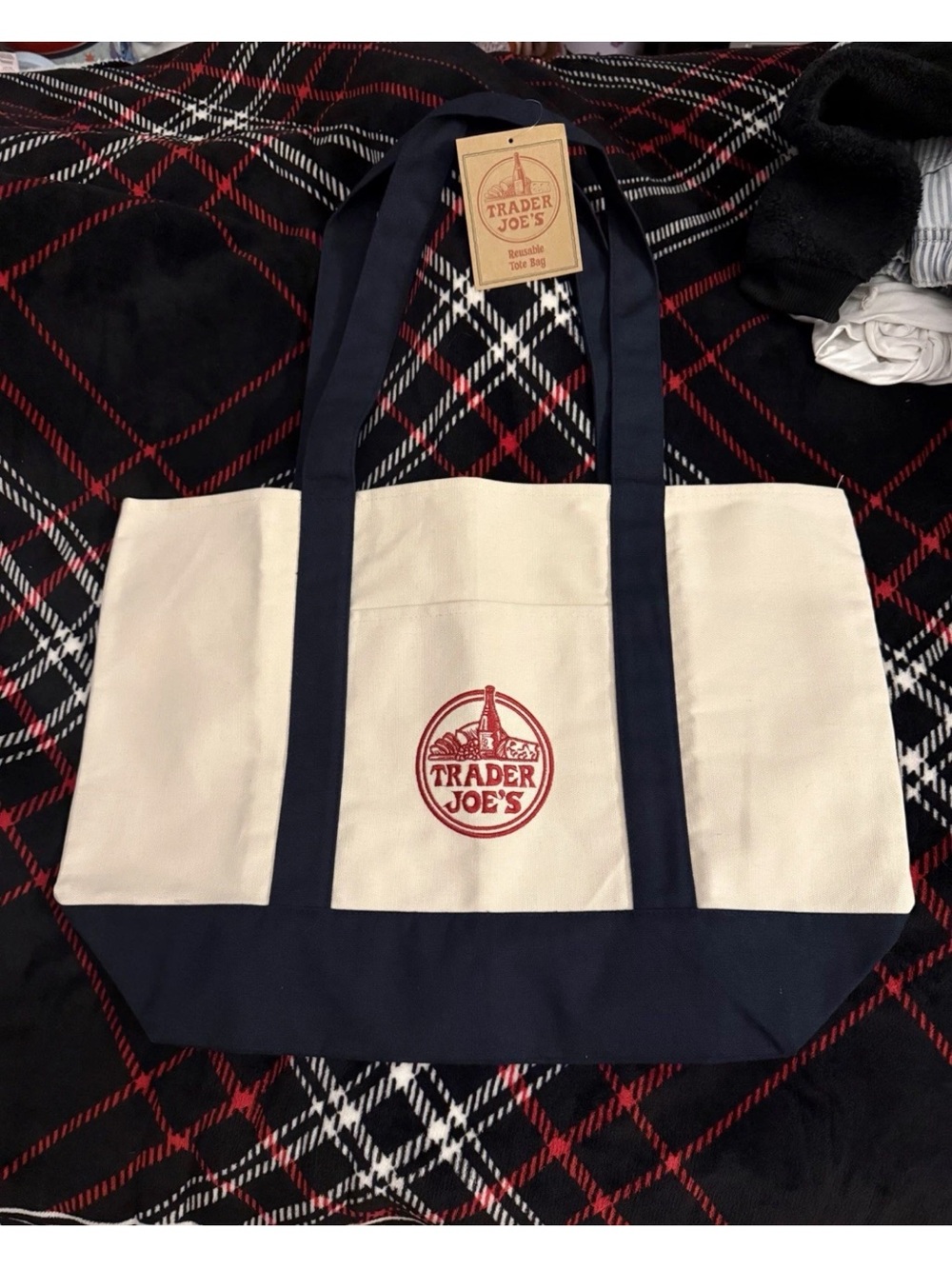 Large Trader Joe's Canvas Tote Bag in Navy and Cream